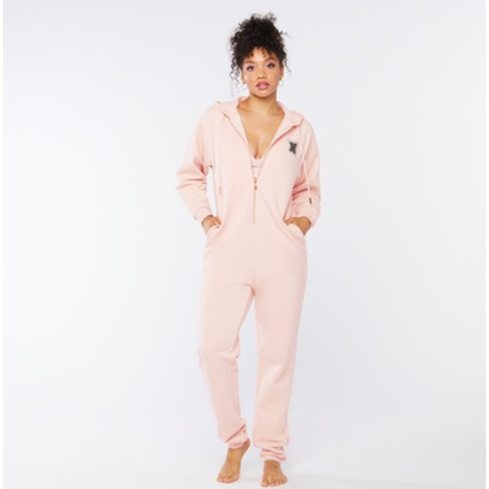 Savage X Fenty One-piece Womens XS Pink Cotton Fleece Hooded Jumpsuit Sleepwear